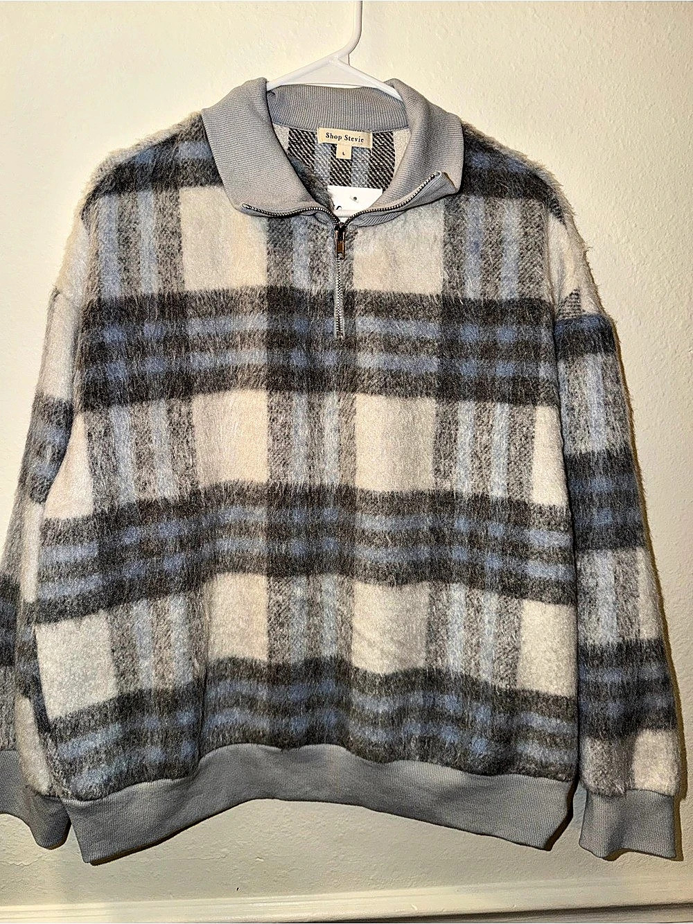 Shop Stevie Plaid Quarter Zip Pullover in Gray & Blue Size Large Like N